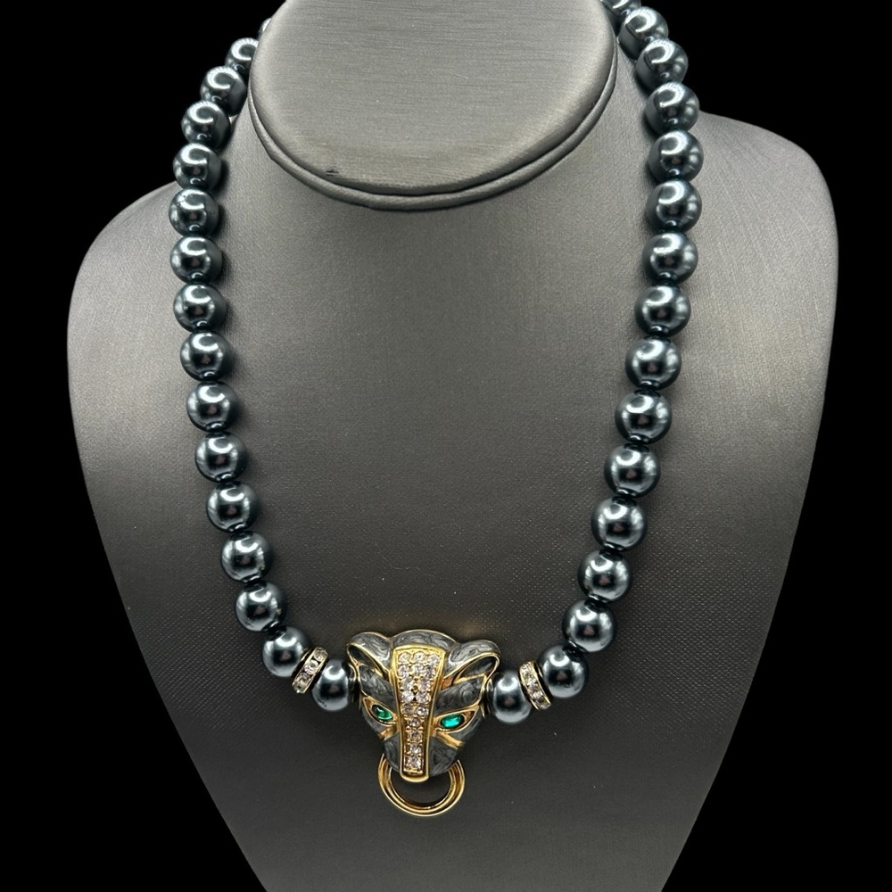 Signed KJL for Avon Faux Black Pearl Enameled Panther Necklace